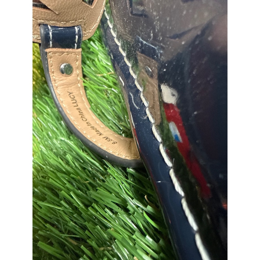 J.McLaughlin‎ Navy Blue Patent Leather Medallion Thong Sandals Preppy Flat  8.5 - Picture 5 of 5